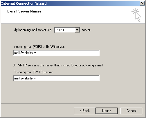 Выбираем POP3, и вводим домен почтового Исходящего(SMTP) и Входящего(POOP3) сервера. Нажимаем...NEXT